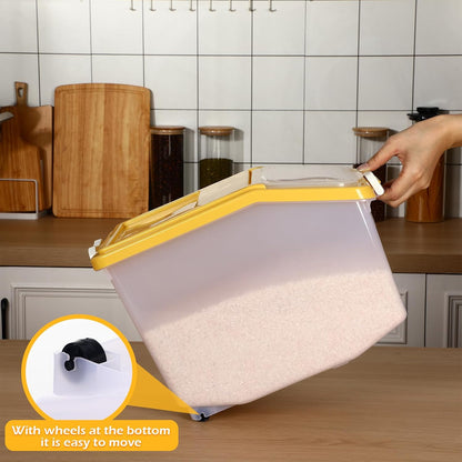Sunnyray 4 Pcs Rice Storage Container Bulk 27.6 lb Airtight Flour Container with Wheels and Lids Measuring Cup Clear Pet Food Dog Birds Cat Food Bin Grain Cereal Organizer Box(Cream)