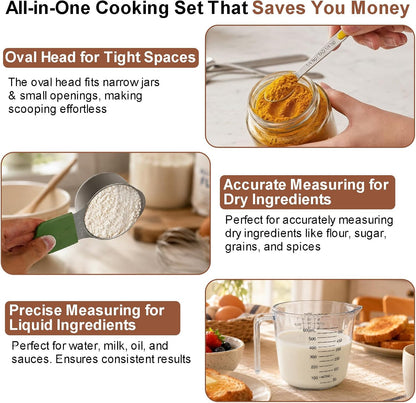 Stainless Steel Measuring Cups and Spoons Set, 7 Magnetic Measuring Cups, 5 Metal Measuring Teaspoons, 3 Plastic Measuring Cups for Kitchen Cooking & Baking, Dry & Liquid Ingredients