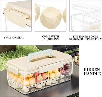 MANO 2pack Chilled Condiment Caddy with Lid Iced Snackle Box Container for Fruit Veggie Serving Tray with Handle Divided Garnish Tray Server Outdoor Camping Picnic Fridge Storage white&beige