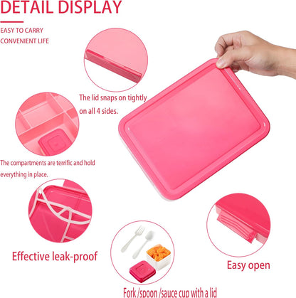 Kids Dinosaur Lunch Bag with Reusable Bento Box, Insulated & Leak-Proof Lunch Container Set with Name Tag, 6 Compartments, Fork & Spoon, Ideal for School, Travel, and Picnics (Pink Dinosaur)
