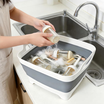FOSJGO Collapsible Dish Basin with Drain Plug, Foldable Sink, 2.4 Gal (9L)
