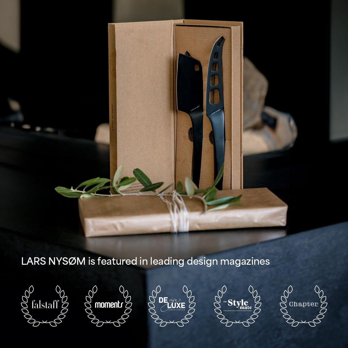 LARS NYSØM Cheese Knife Set Edge 2 pcs. I Cheese Knife Set Made of Stainless Steel I Premium Gift Box I Perfect as Christmas Gift (Carbon Black)