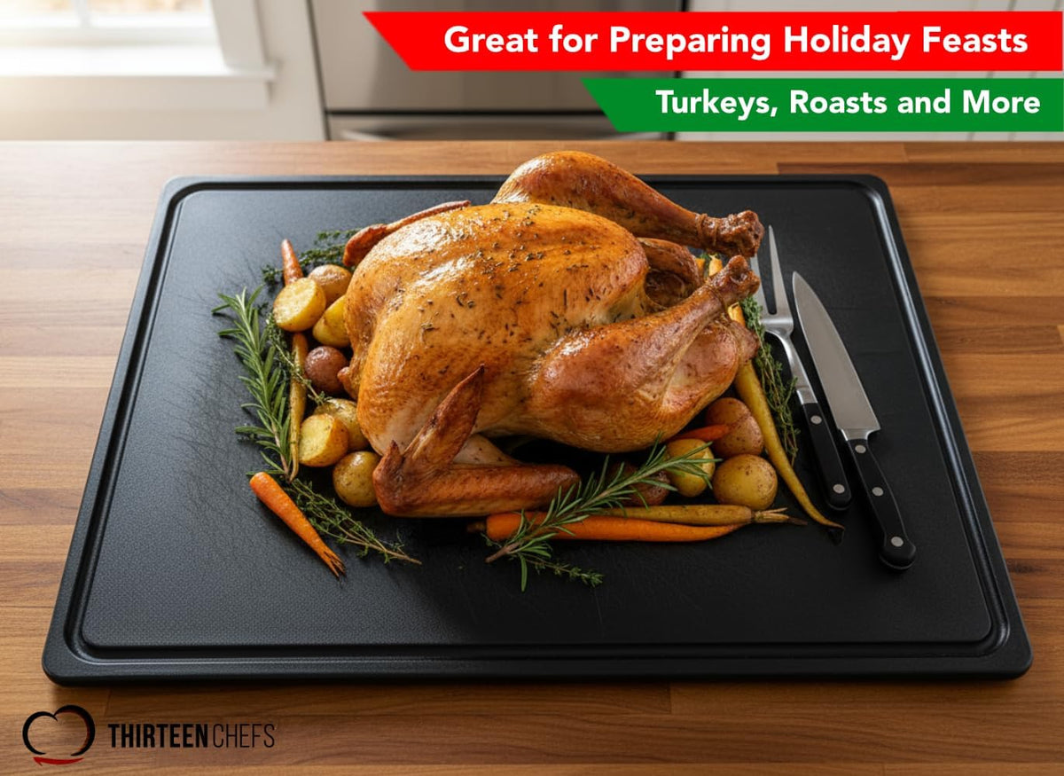 Thirteen Chefs 18x12 White Cutting Board with Groove, 1/2" Thick Plastic