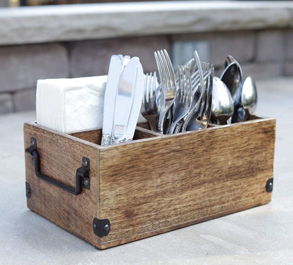 Mother's Day Gifts Wooden Kitchen Utensil Holder With 4 Compartments Wood Cutlery Utensil Organiser Flatware Caddy Organizer for Party | Silverware Condiment Organizer with Napkin Holder for Dining