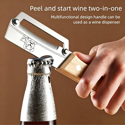 Vegetable Peeler Wooden Handle Sharp Steel Blade with Bottle Opener
