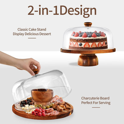 Acacia-Wood-Cake-Stand With Acrylic Lid, Rectangular Cake Plates Charcuterie Board With Cover, 2-in-1 Cake Holder With Dome，Dessert Table Display Stand For Cheese, Chips & Dips, Nachos, Fruit Platter