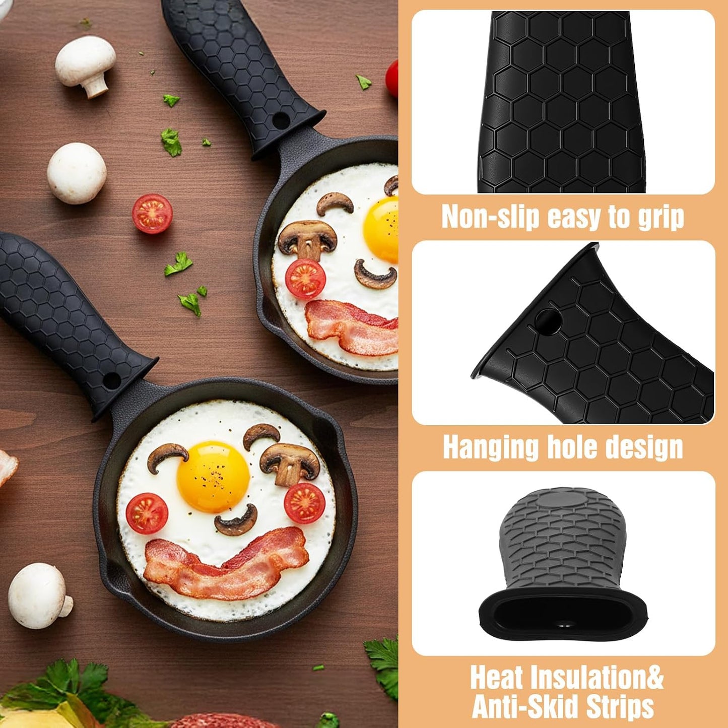 2Pcs Silicone Pot Holders Set Cast Iron Pan Handle Covers, Heat Resistant Pot Handle Sleeve Reusable Non-Slip Handles Protectors for Cast Iron Pots, Woks, Frying Pans, Griddles, Skillets, Oven(Black)