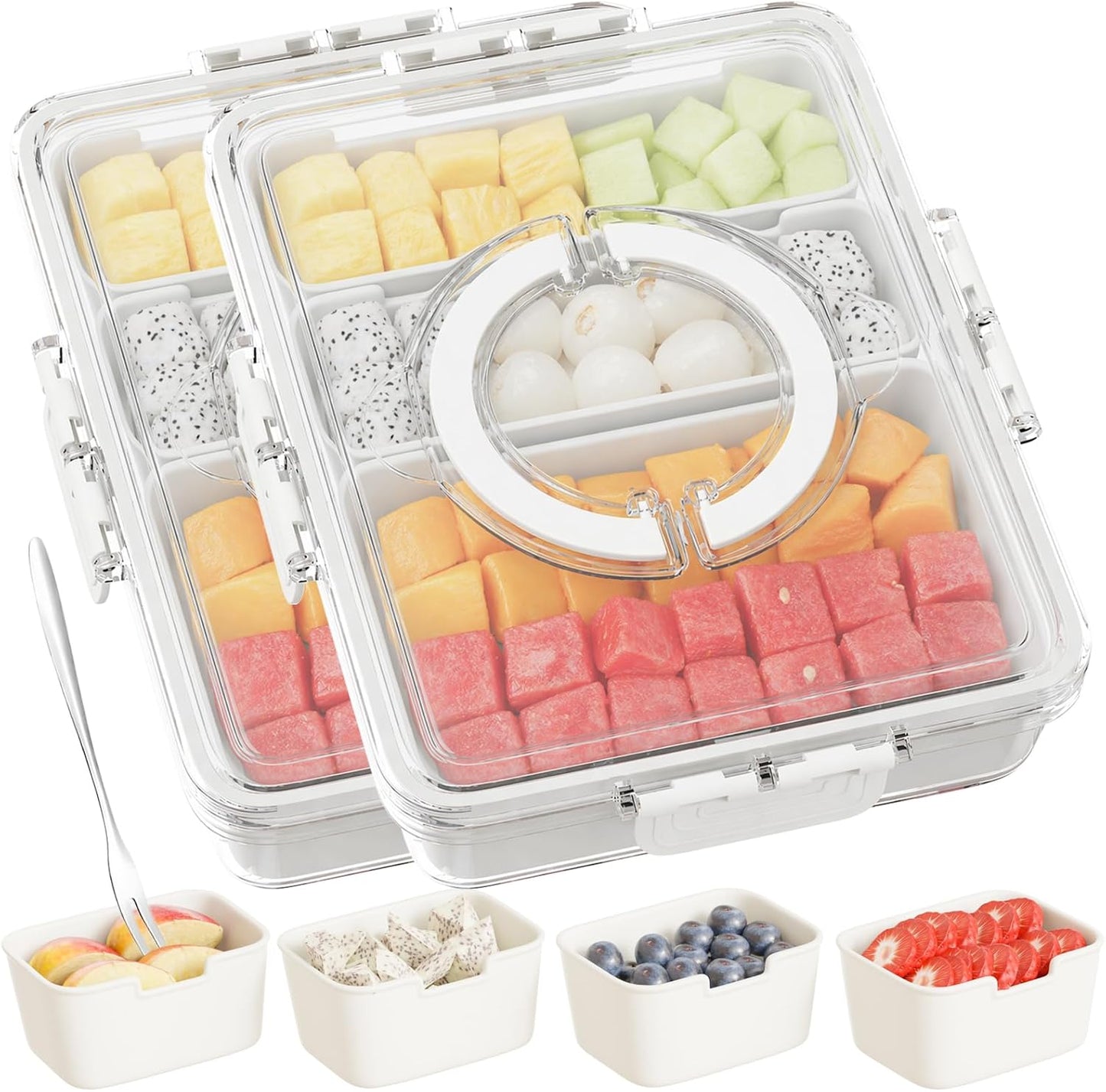 Snackle Box Container,Divided Serving Tray with Lid and Handle,7 Portable Compartment Travel Snack Box for Candy Fruits Nuts Veggie for Road Trip Party Picnic