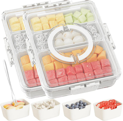 Snackle Box Container,Divided Serving Tray with Lid and Handle,7 Portable Compartment Travel Snack Box for Candy Fruits Nuts Veggie for Road Trip Party Picnic