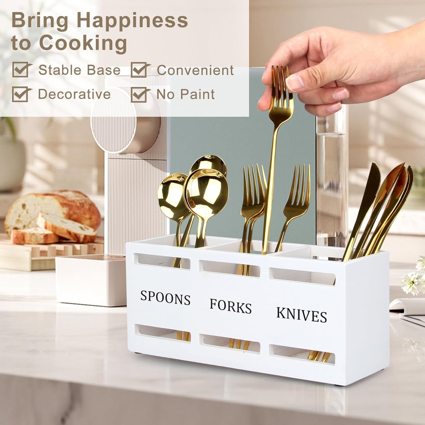 Wooden Silverware Cutlery Holder White Flatware Caddy Small Kitchen Utensil Holders for Party Wood Silverware Organizer Storage for Table Countertop Spoon and Fork Holder Utensils Caddy Basket