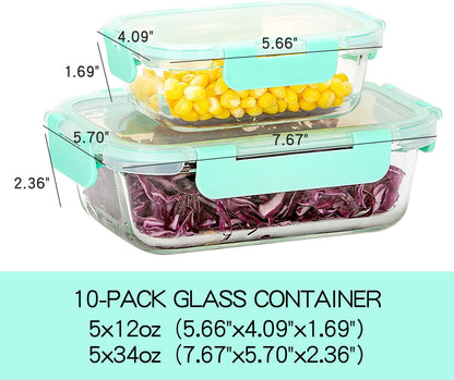 C CREST [10 Pack] Glass Meal Prep Containers, Food Storage Containers with Lids Airtight, Glass Lunch Boxes, Microwave, Oven, Freezer and Dishwasher Safe
