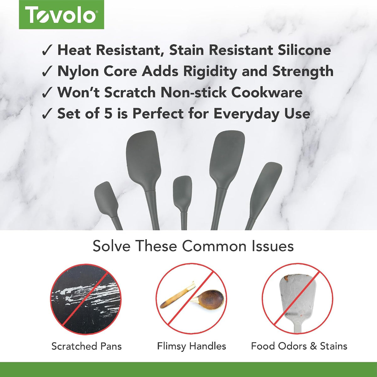 Tovolo Flex Core 5 Piece Silicone Spatula Set Heat Resistant All Silicone Utensils Include Non Stick Spatula Spoonula Jar Scraper, Dishwasher Safe BPA Free Spatulas for Baking Mixing, White