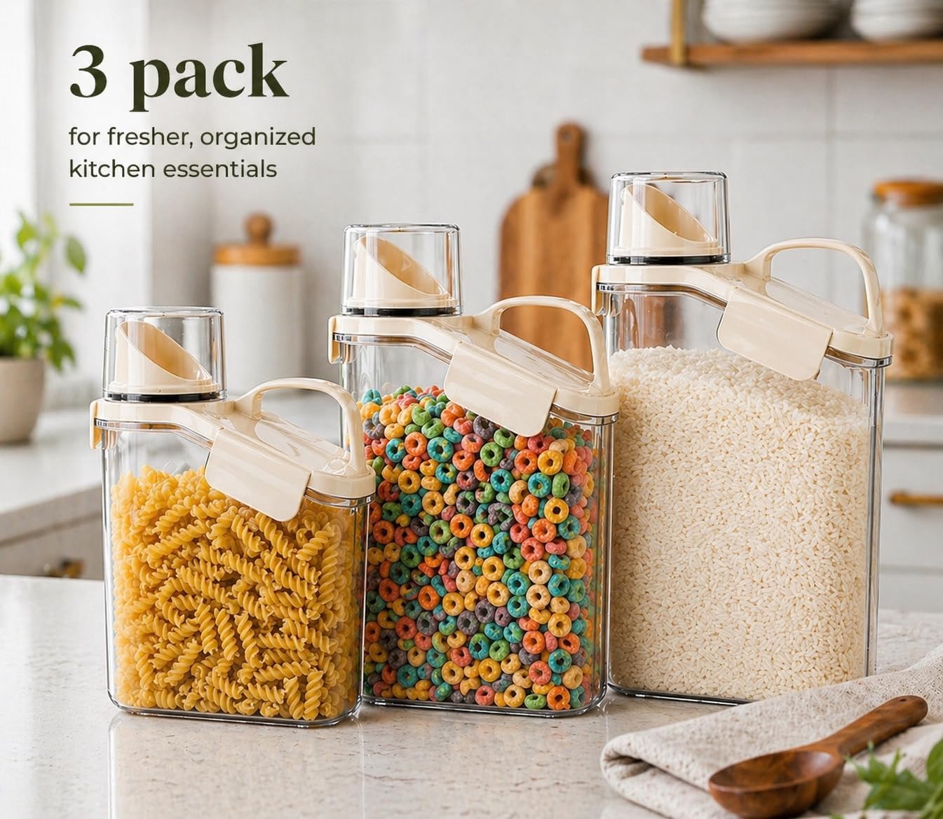 Rice Storage Container Set Airtight (3 Pack) – Pour Spout Pantry Containers for Cereal, Flour & Dry Food, BPA-Free Clear Kitchen Organizer (Small Medium Large)