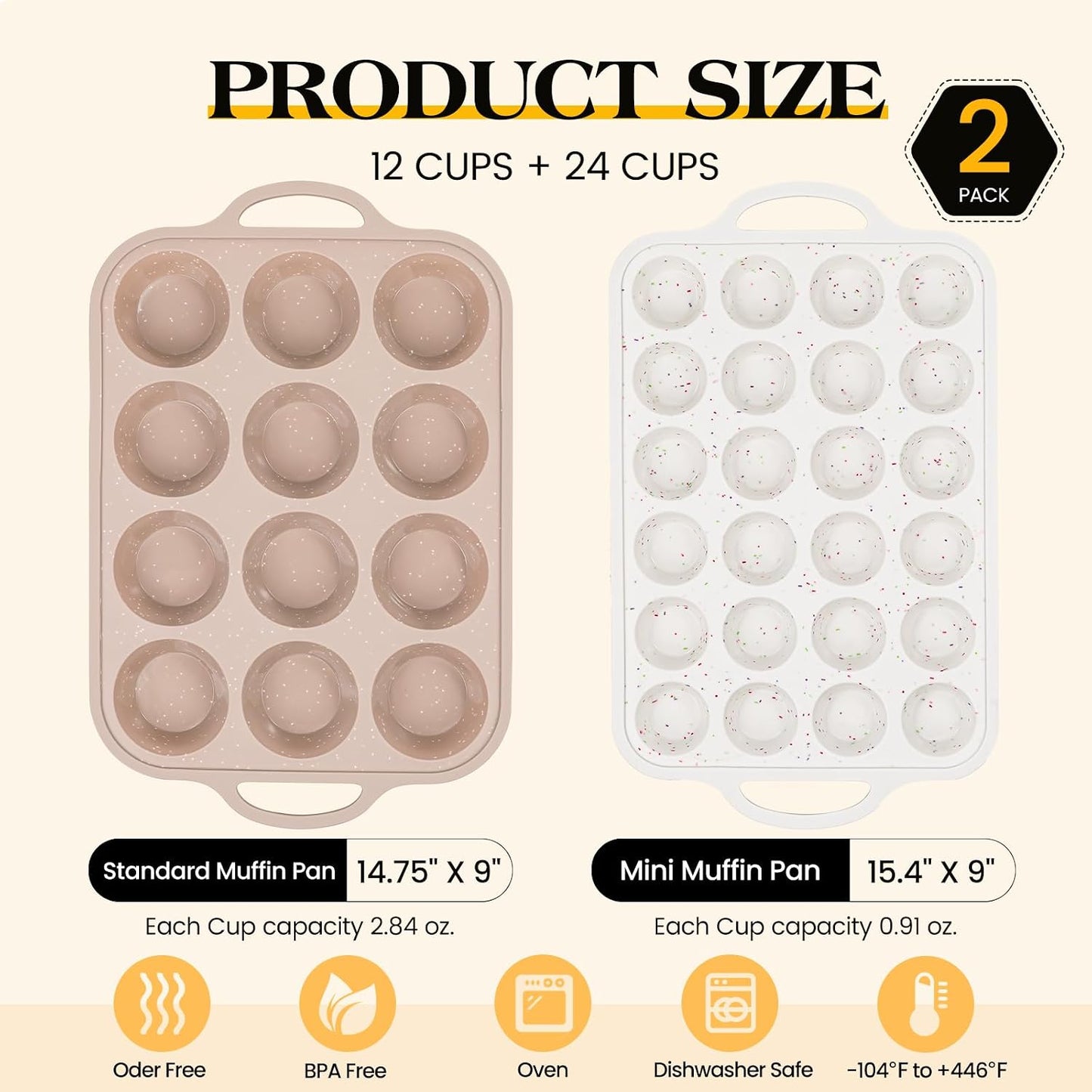 Vinino 2Pack Silicone Muffin Pans for Baking with Metal Reinforced Frame, 12 Cups Regular Size Nonstick Silicone Cupcake Pan, BPA Free Oven Dishwasher Safe Baking Mold for Muffins Cupcakes