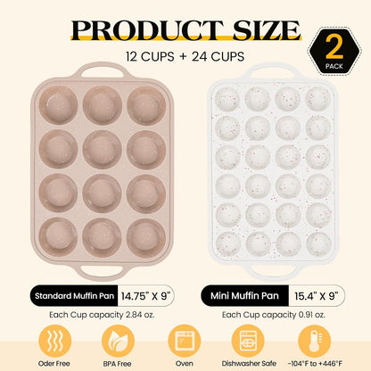 Vinino 2Pack Silicone Muffin Pans for Baking with Metal Reinforced Frame, 12 Cups Regular Size Nonstick Silicone Cupcake Pan, BPA Free Oven Dishwasher Safe Baking Mold for Muffins Cupcakes
