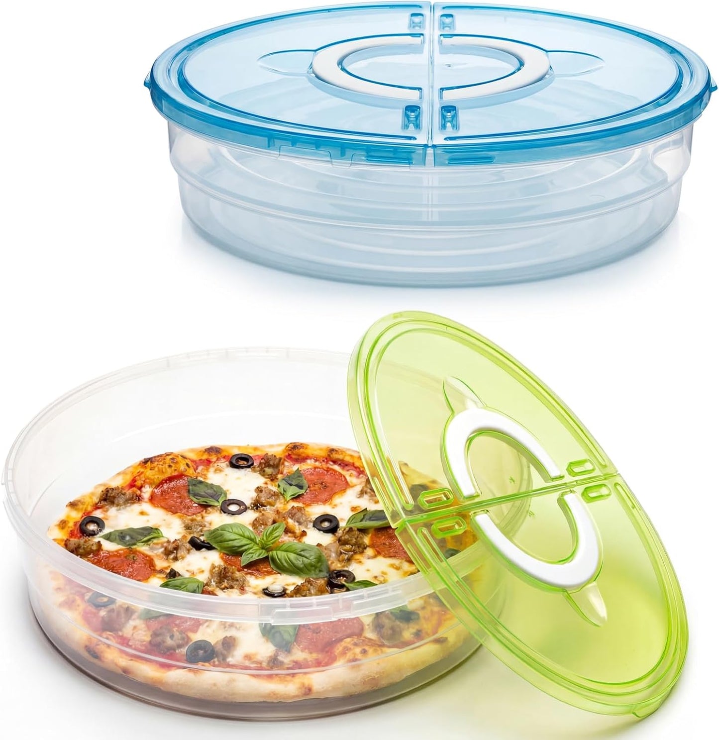 LemonRoad 2 Pie Carrier with Lid and Handle 12 Inch Round Plastic Food Storage Container Reusable 2 Compartments Pizza Keeper for Food Cake Cheesecake Muffin Cookie Tortilla (Green,Blue)