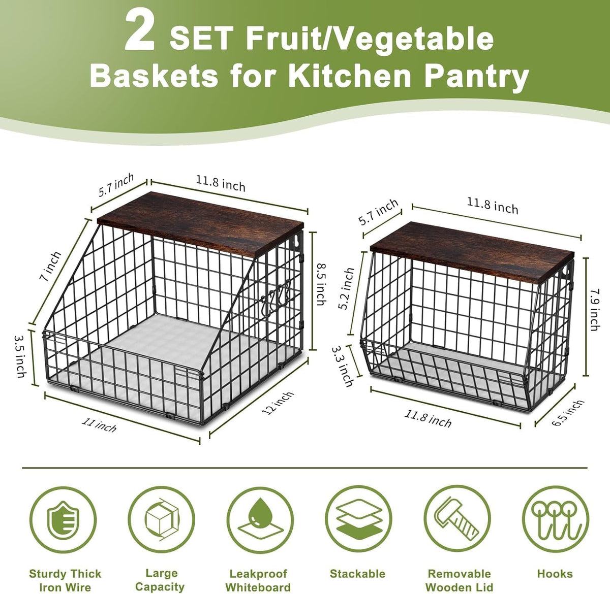 White Fruit Bowl Wire Basket Storage Pantry Fruit and Vegetable Storage Fruit Basket for Kitchen Counter Stackable Wall Mounted Hanging Basket Wire Basket with Wood Lid with Hanger Hooks