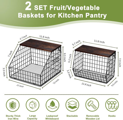 White Fruit Bowl Wire Basket Storage Pantry Fruit and Vegetable Storage Fruit Basket for Kitchen Counter Stackable Wall Mounted Hanging Basket Wire Basket with Wood Lid with Hanger Hooks
