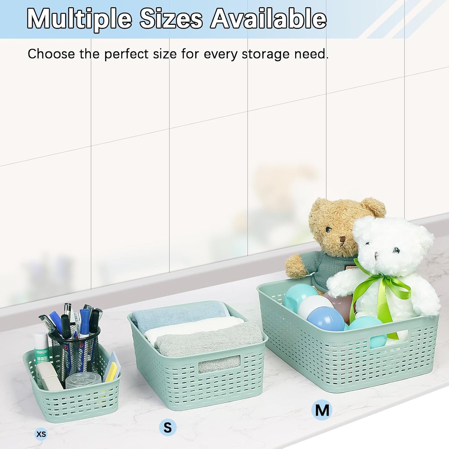 Soddeph Plastic Storage Baskets for Cabinets, Household Pantry Organization with Handle,Organizer Bins for Room,Bathrooms,Under-Sink,Kitchen (White, L-3PACK)