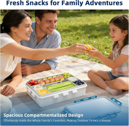 Chilled Snack Box Container with Ice Pack, Portable Travel Food Containers with Lids, Keep Cheese and Fruits Remained Fresh for Hours, Divided Serving Tray for Family Road Trip Beach Picnic(White)
