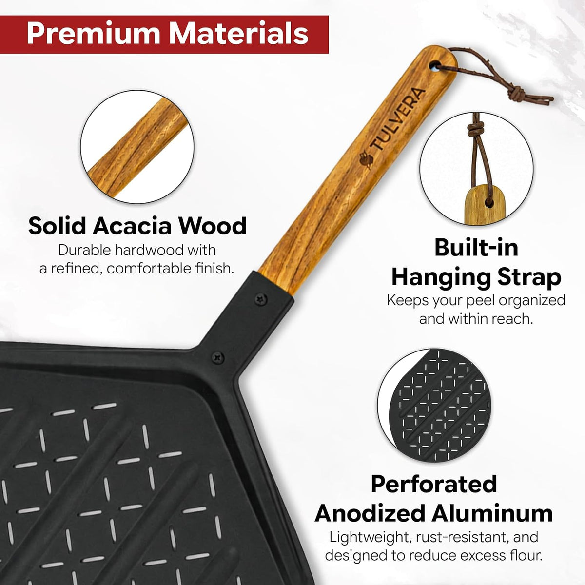 Perforated Pizza Peel, 12 Inch Pizza Spatula with Wood Handle, Metal Paddle