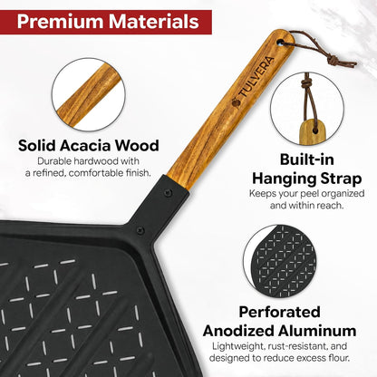 Perforated Pizza Peel, 12 Inch Pizza Spatula with Wood Handle, Metal Paddle