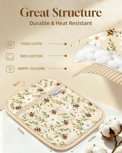 100% Thick Cotton Pot Holders Ribbed Soft Silicone Bright Flower