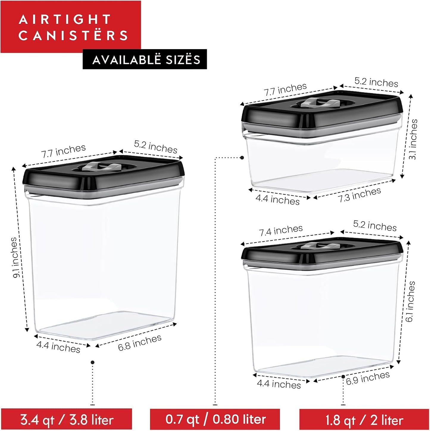DWËLLZA KITCHEN Large Airtight Food Storage Containers - Clear Plastic Bulk Food Pantry & Kitchen Storage Containers for Flour, Sugar and Baking Supplies 4 Pcs. BPA-Free, Keeps Fresh & Dry (Black)