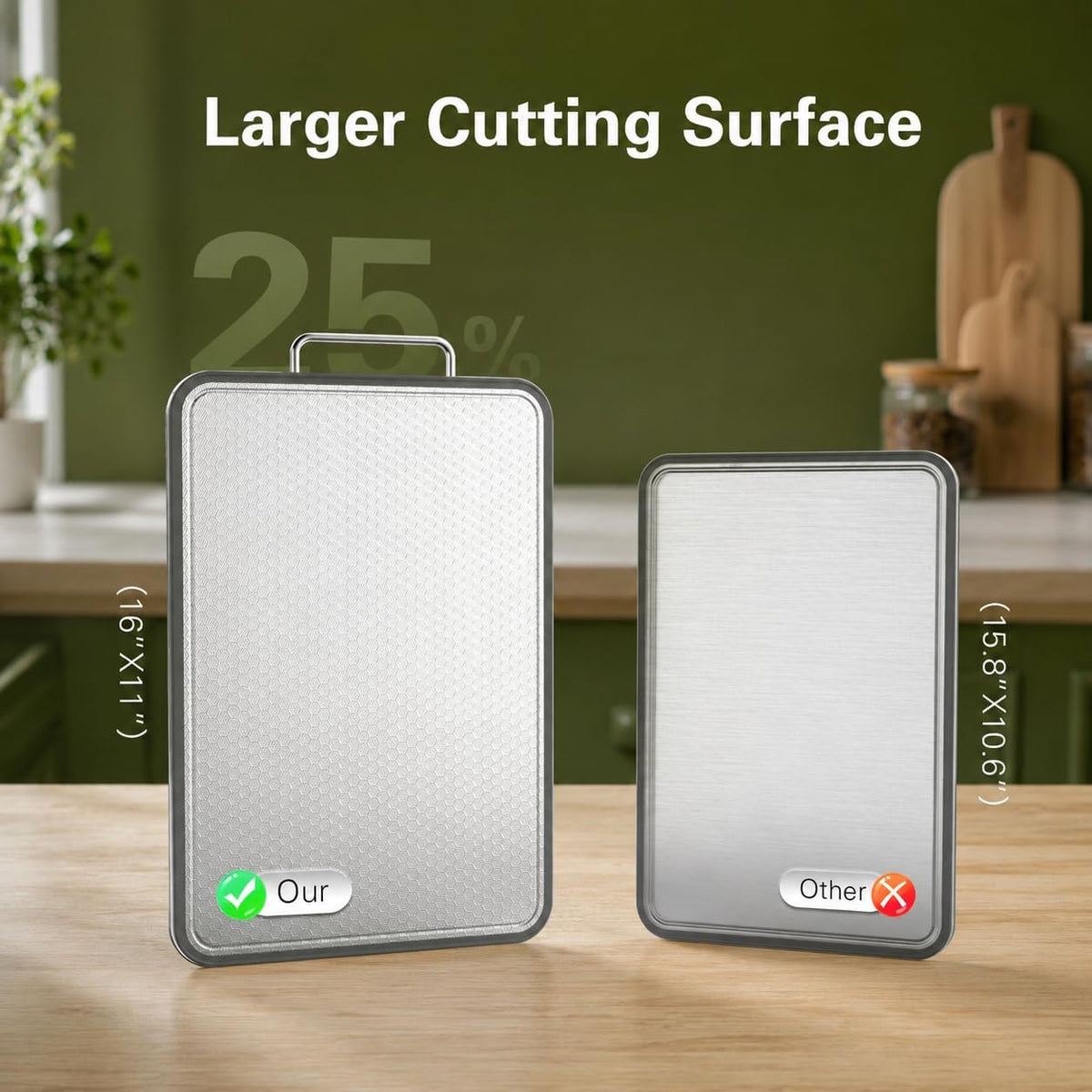 304 Stainless Steel Cutting Board 16''×11'' – Double-Sided Kitchen Chopping Board for Meat, Fruits & Vegetables, Rust-Resistant Steel Cutting Board with Dual Juice Grooves, Easy to Clean