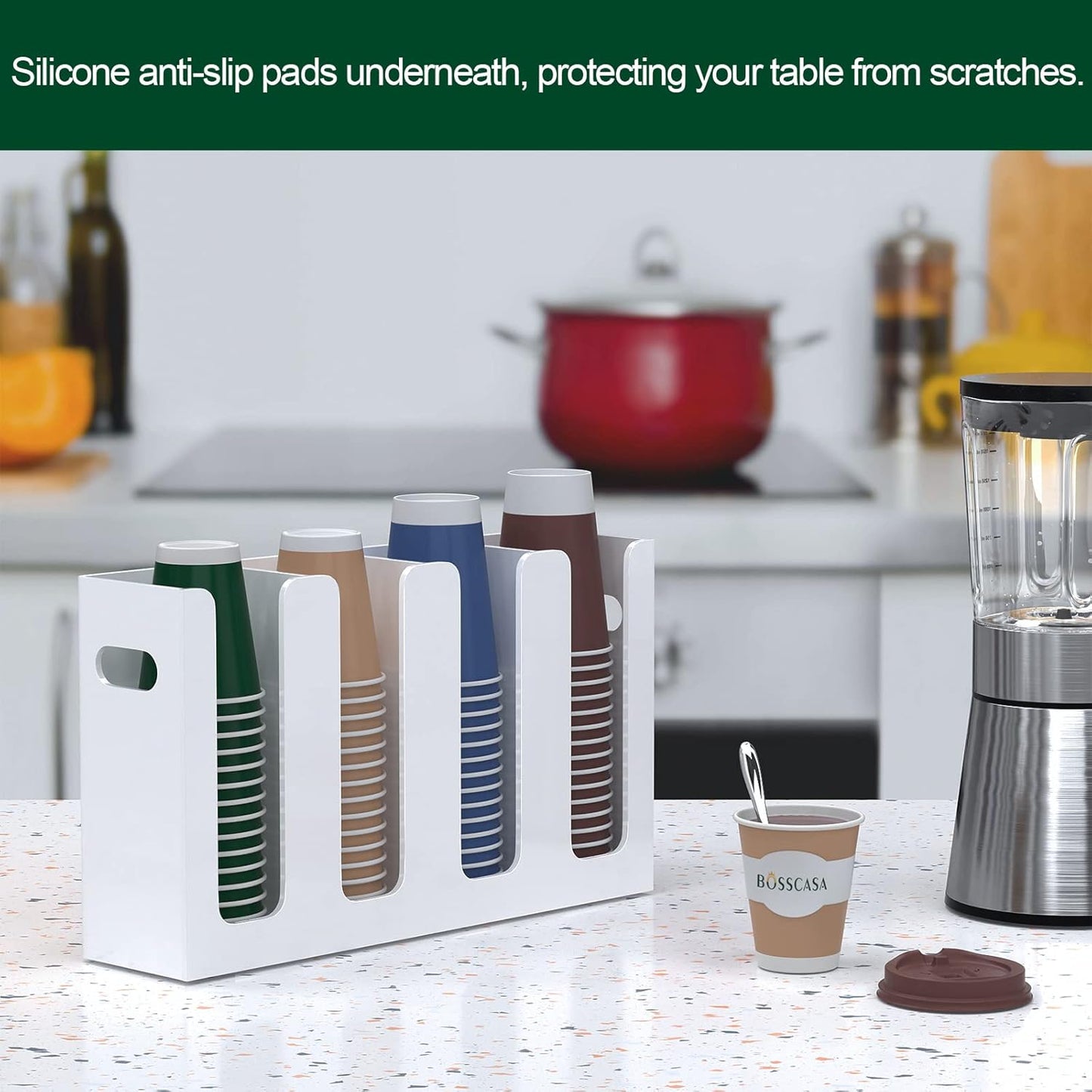 Disposable Coffee Cup Dispenser with Handles, Countertop or Wall Mount Hot/Cold Drink Cup and Lid Holder - Bathroom/Kitchen/Office Acrylic Cup Lid Storage Organizer (1 Compartment, Clear)