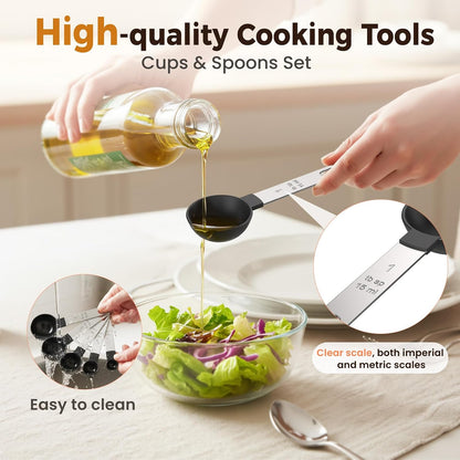 16PCS Measuring Cups and Spoons Set, Measuring Spoon Set with Metric and US Measurements, Fits for Measuring Dry and Liquid - Black