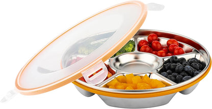 Divided Serving Tray with Lid, Stainless Steel Veggie Tray with Plastic Lid, Reusable Vegetable Platter, Snack Tray, Snackle Box for Party, Easy to Clean (6 Compartments, 60oz)
