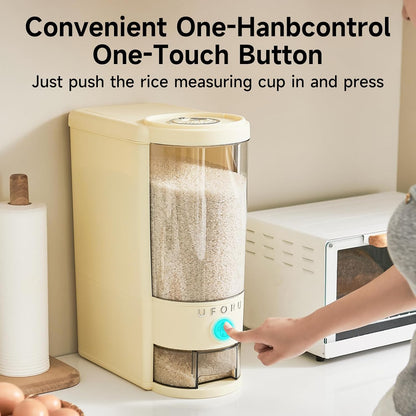 UFORU Rice Dispenser, Rice Storage Container with Measuring Cup for Kitchen Pantry Household, Dry Food Storage Containers Airtight, Sealed Moisture Proof (White 11Lbs)