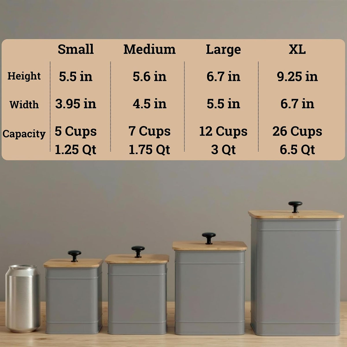 Kitchen Canisters for Countertop Set of 4 w/ Chalkboard Labels & Marker Pen | Airtight Easy Open Bamboo Lids, Dent-Resistant Thick Metal, Customizable Chalkboard Labels, Marker Pen Included, Set of 4