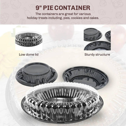 KitchenDance 9 Inch Two Piece Pie Container with Low Dome Lid - Durable Plastic Pie Containers - Ideal for Bakeries - Stackable Disposable Pie Carrier for Secure Transport & Presentation - J40