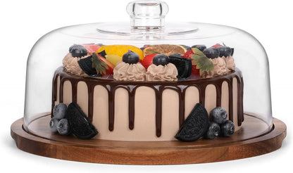 Bellsal Cake Stand with Dome Lid, 12in Acacia Wood Cake Plate with Cover, Wooden Cake Display Stand with Acrylic Dome, Cake Decorating for Baking Gift