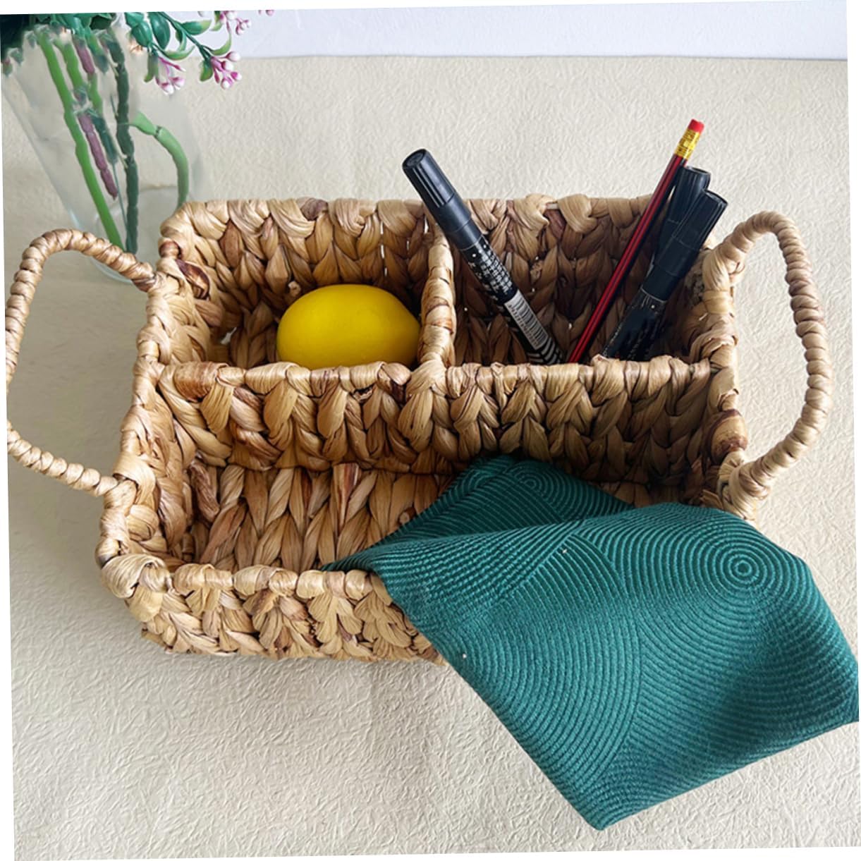 VOSAREA Woven Storage Basket with Divided Compartments Rustic Handcrafted Cutlery Organizer for Home Kitchen Living Room Stylish Sundries Management