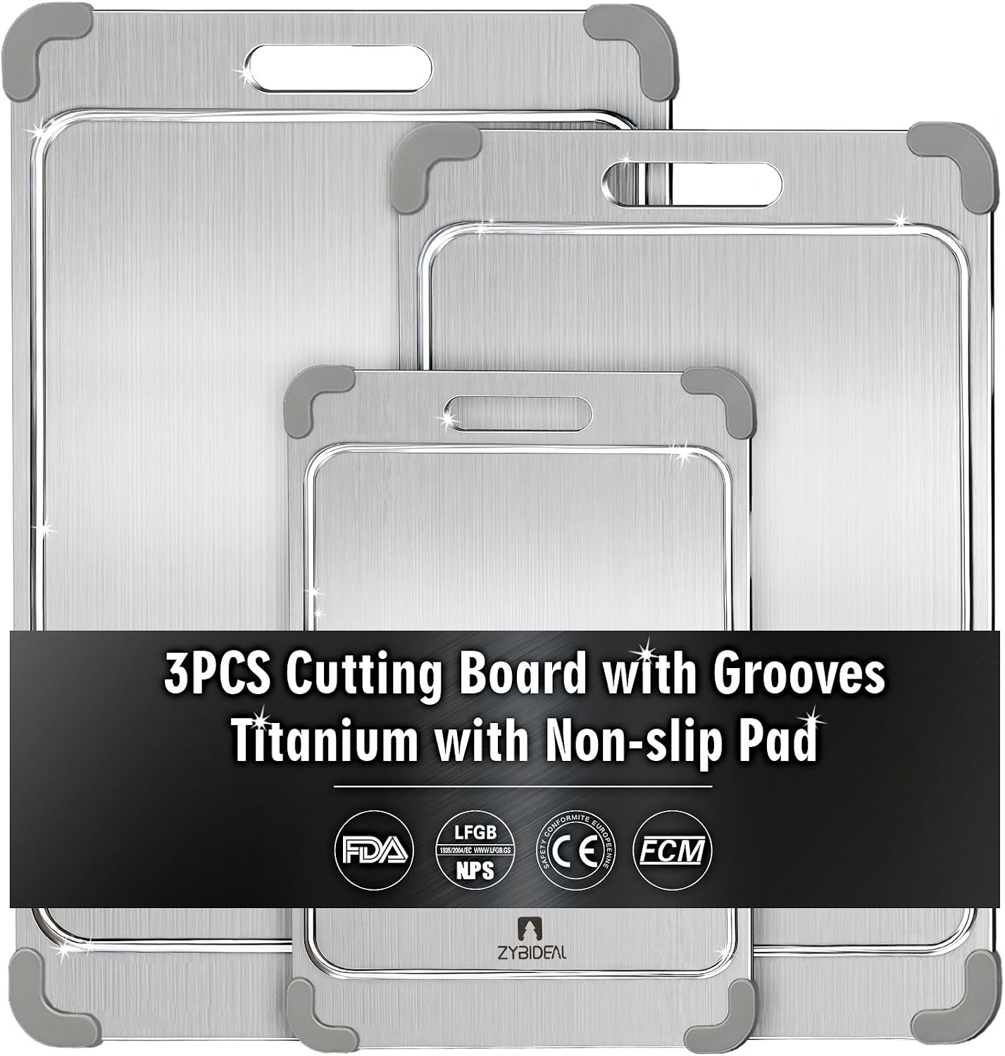 3Pcs 100% Pure Titanium Cutting Board with Grooves, Update Double Side Titanium Chopping Board, Silicone Anti-slip Stainless Cutting Boards Set for Kitchen, Grey