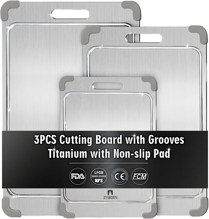 3Pcs 100% Pure Titanium Cutting Board with Grooves, Update Double Side Titanium Chopping Board, Silicone Anti-slip Stainless Cutting Boards Set for Kitchen, Grey