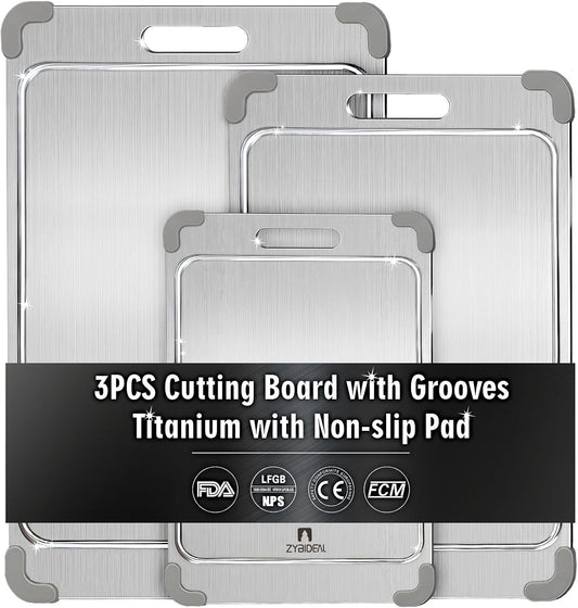 3Pcs 100% Pure Titanium Cutting Board with Grooves, Update Double Side Titanium Chopping Board, Silicone Anti-slip Stainless Cutting Boards Set for Kitchen, Grey