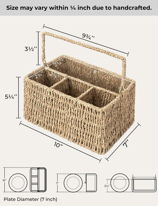 StorageWorks Wicker Silverware Organizer with Handle, Seagrass Kitchen Utensil Holder, Large Utensil Holder for Kitchen Counter, Spoon Forks Knife Cutlery Caddy, Paper Plate Dispenser for Countertop