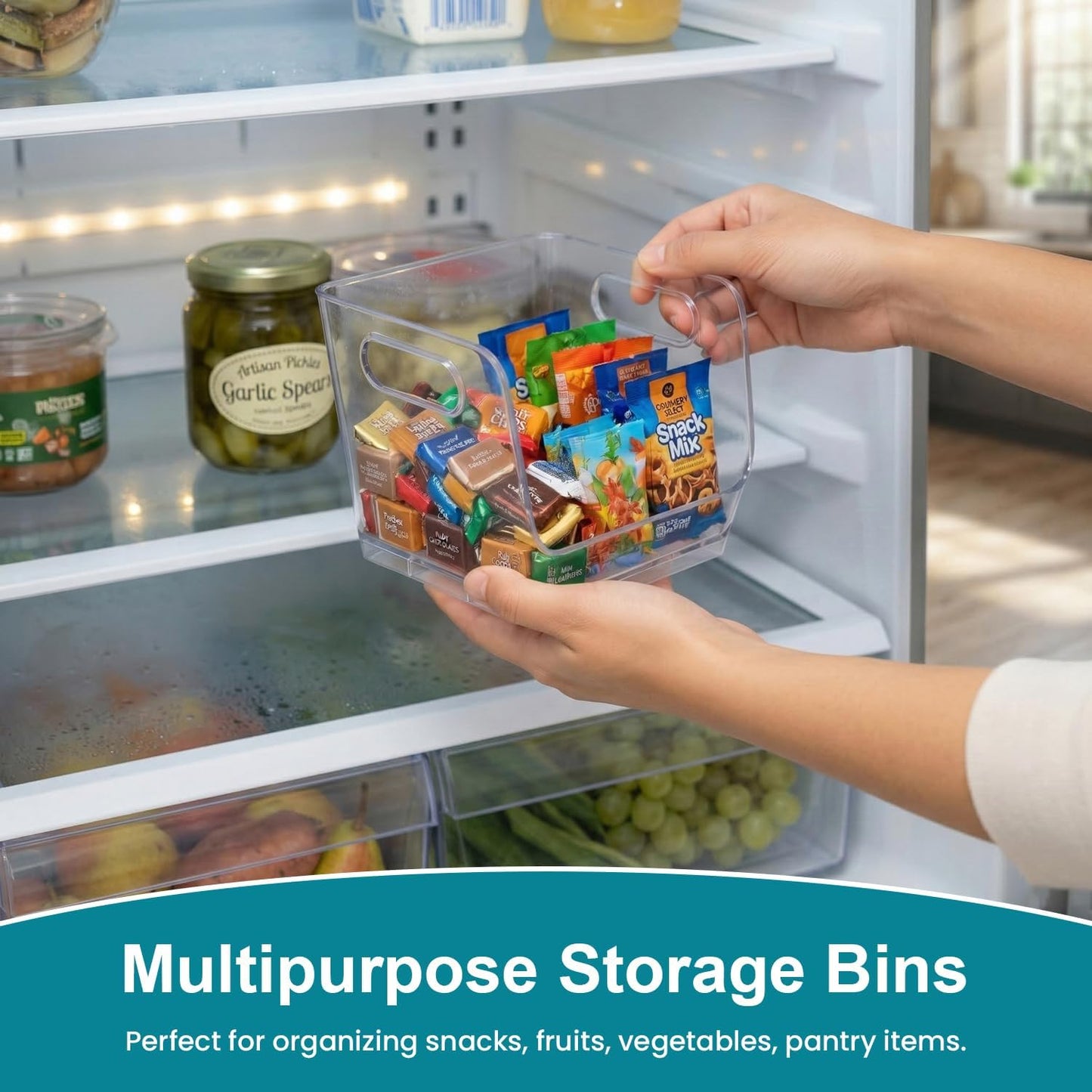 Basicwise Set of 3 Open-Front 16" Clear Storage Bins with Easy-Grip Handles Stackable Transparent Plastic Organizer Container for Pantry Cabinet Refrigerator Drawers Closets & Shelf Organization, XL
