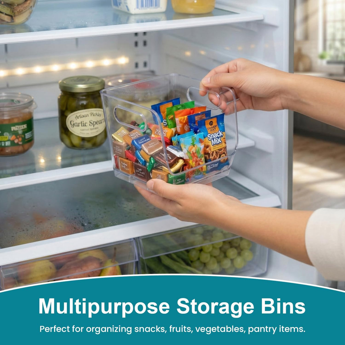Basicwise Set of 3 Open-Front 16" Clear Storage Bins with Easy-Grip Handles Stackable Transparent Plastic Organizer Container for Pantry Cabinet Refrigerator Drawers Closets & Shelf Organization, XL