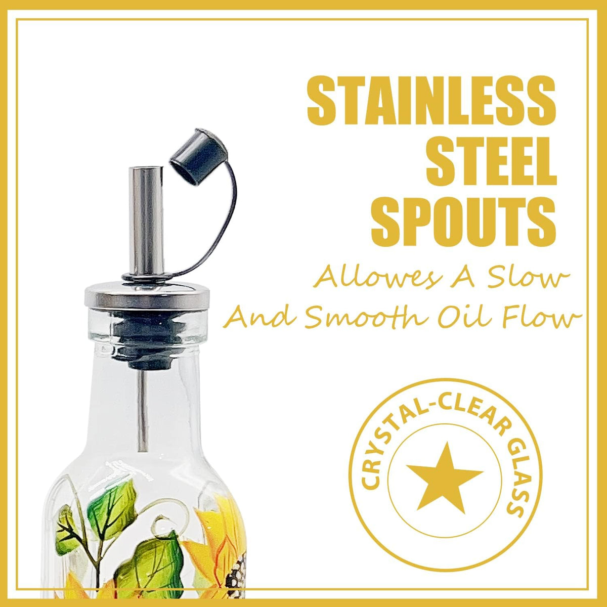 7oz Hand Painted Glass Olive Oil Bottle Dispenser - 200ml Green Oil & Vinegar Cruet with Pourers - Olive Oil Carafe Decanter for Kitchen
