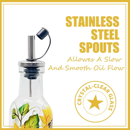 7oz Hand Painted Glass Olive Oil Bottle Dispenser - 200ml Green Oil & Vinegar Cruet with Pourers - Olive Oil Carafe Decanter for Kitchen