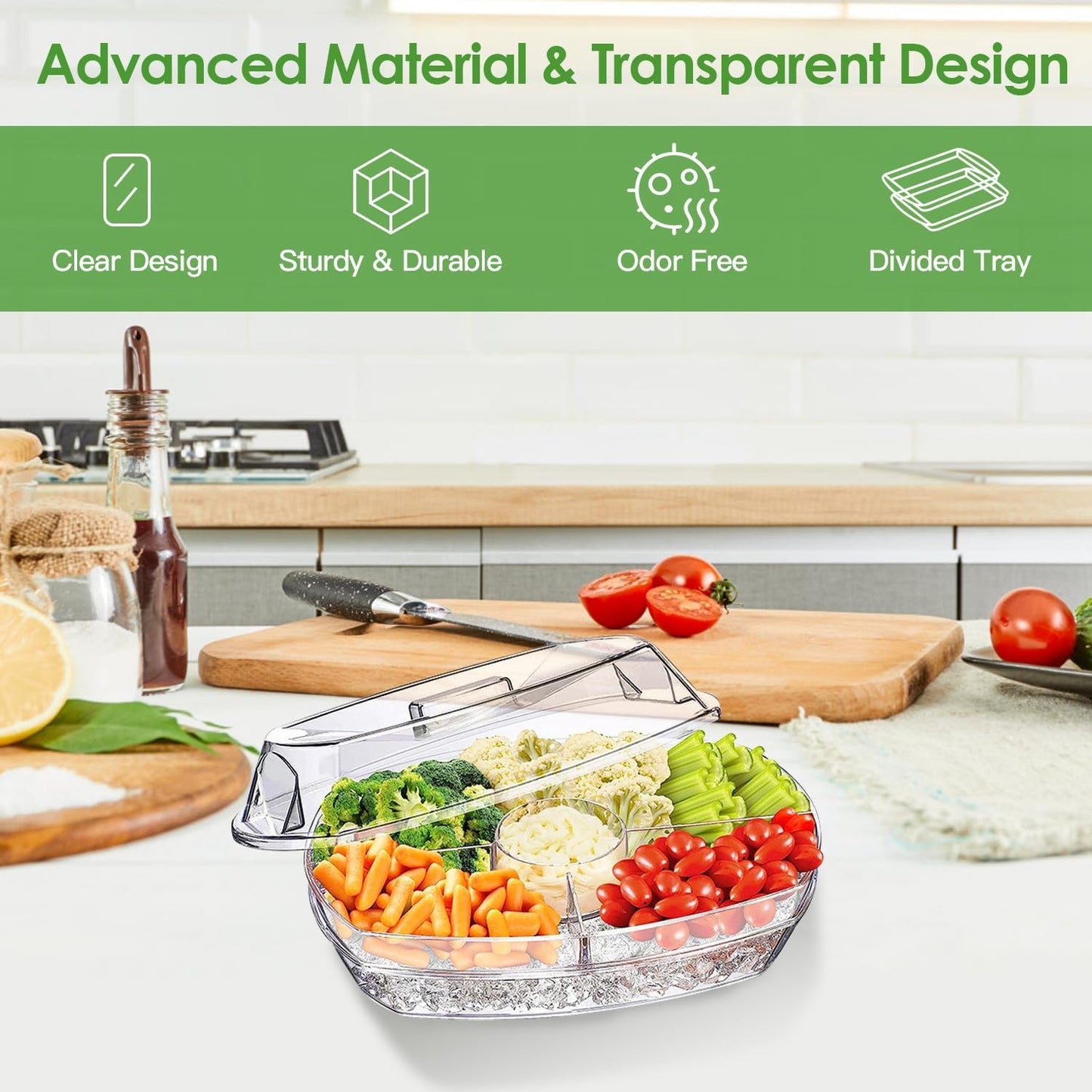 Fruit & Veggie Ice Serving Tray with Lid – 4 Compartments, Buffet Server for Shrimp Cocktail, Appetizers & Cold Foods – Includes 3 Tongs & 10 Sporks
