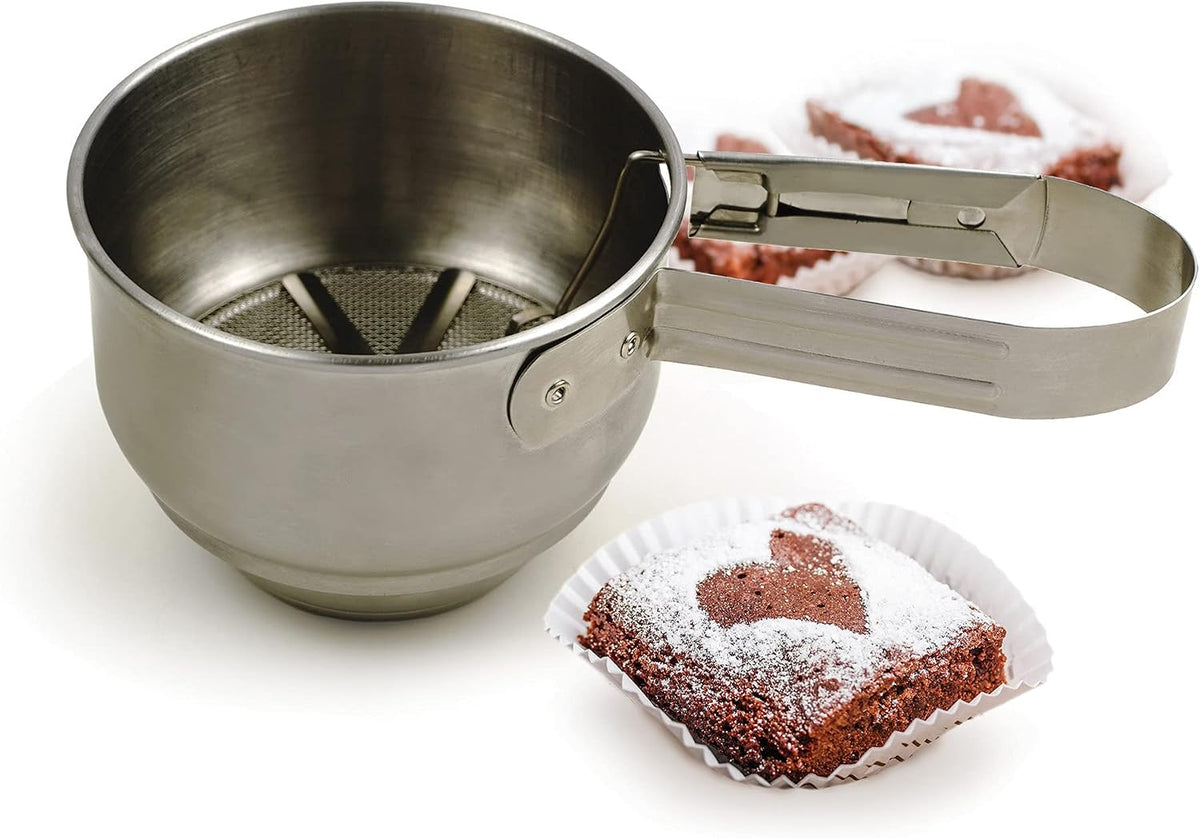 RSVP International Endurance® Stainless Steel Vintage One-Hand Sifter, 1 Cup | Top Cakes, Sift Flour, Marinade BBQ & More | Dishwasher Safe | Powder Sugar, Sift Flour, Spread Toppings & More