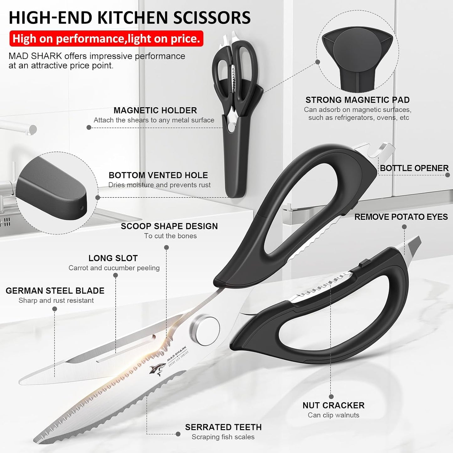MAD SHARK Kitchen Scissors All Purpose Kitchen Shears Come Apart,Stainless Steel Utility Scissors with Comfort Grip,Heavy Duty Poultry Shears for Food,Chicken,Meat,Fish,Dishwash Safe(BLACK)