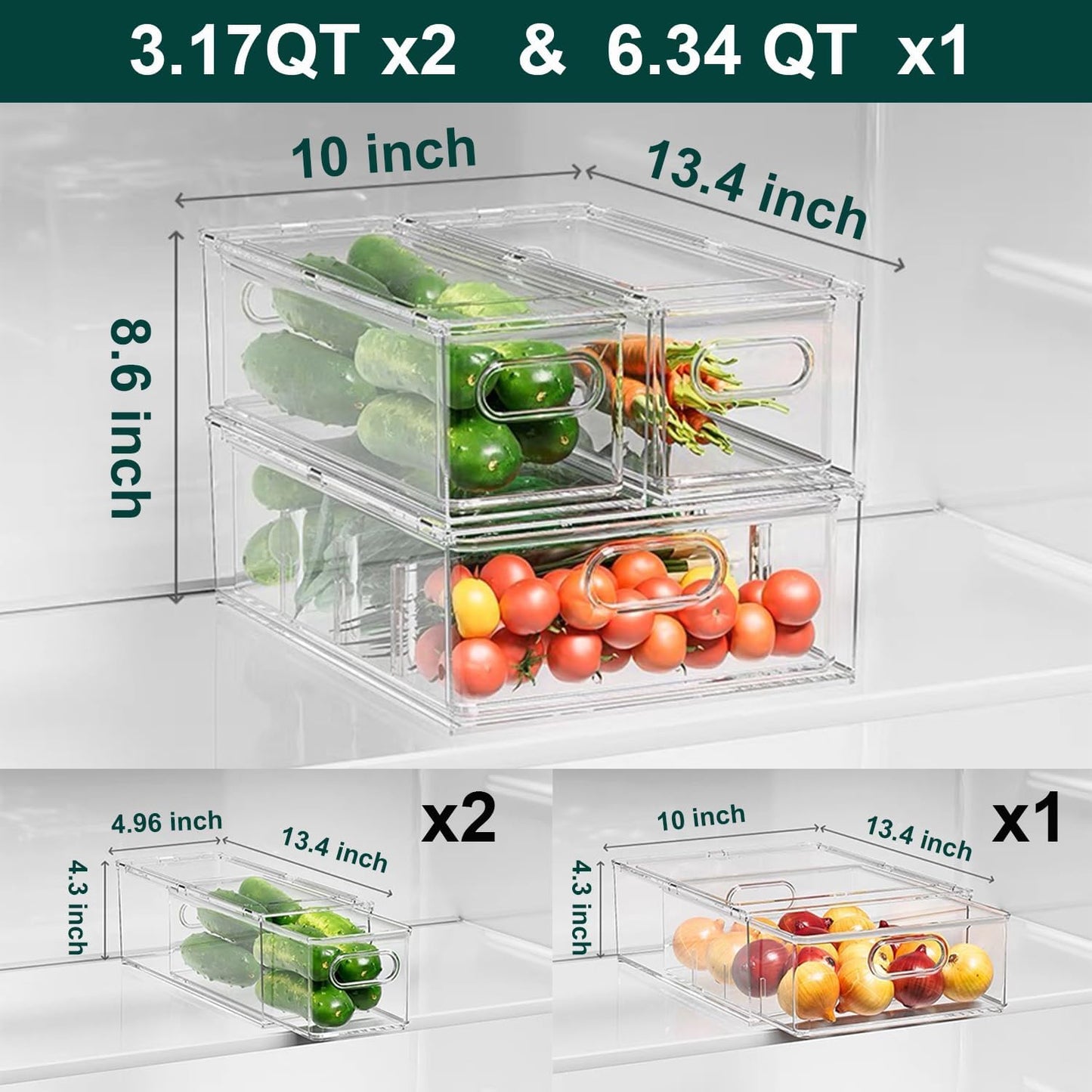 LALASTAR 2 Pack Fridge Organizer with Pull-out Drawer, Stackable Freezer Organizer Bin, Pantry Organization and Storage, BPA Free, 3.17QT