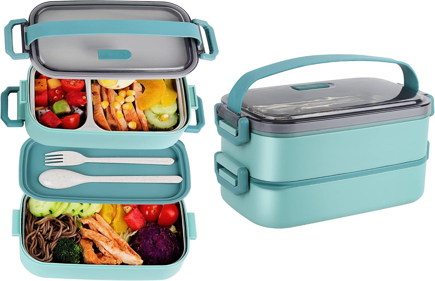 Stainless Steel Bento Box for Adults&Kids,Japanese Leakproof Lunch Box Divided Food Meal Storage Containers Set Stackable 2 Layer for Children School Picnic Beige
